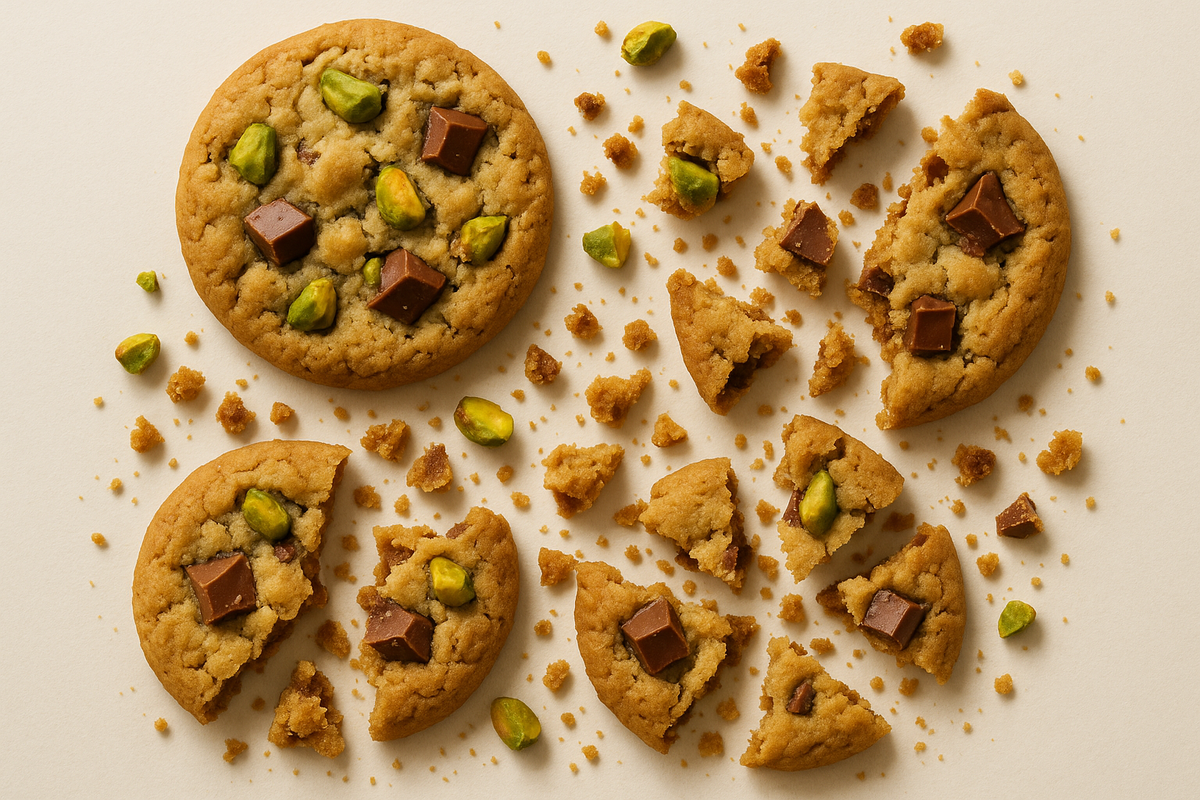 cookies crumbling on off white background , pistachio flavours and milk chocolate 