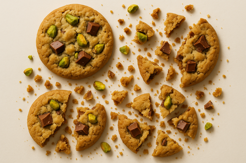 cookies crumbling on off white background , pistachio flavours and milk chocolate 